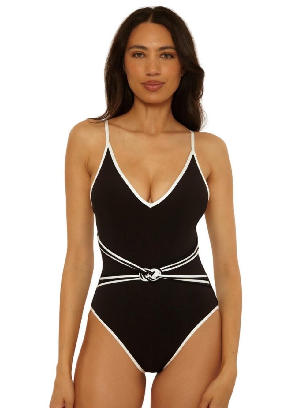 NWT Trina Turk Womens Triumph Micro Braided One-Piece Swimsuit Black / White 6